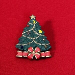 AGC Christmas Tree Brooch Pin Vintage Jewelry Resin Red Ribbon Garland 2.5"
